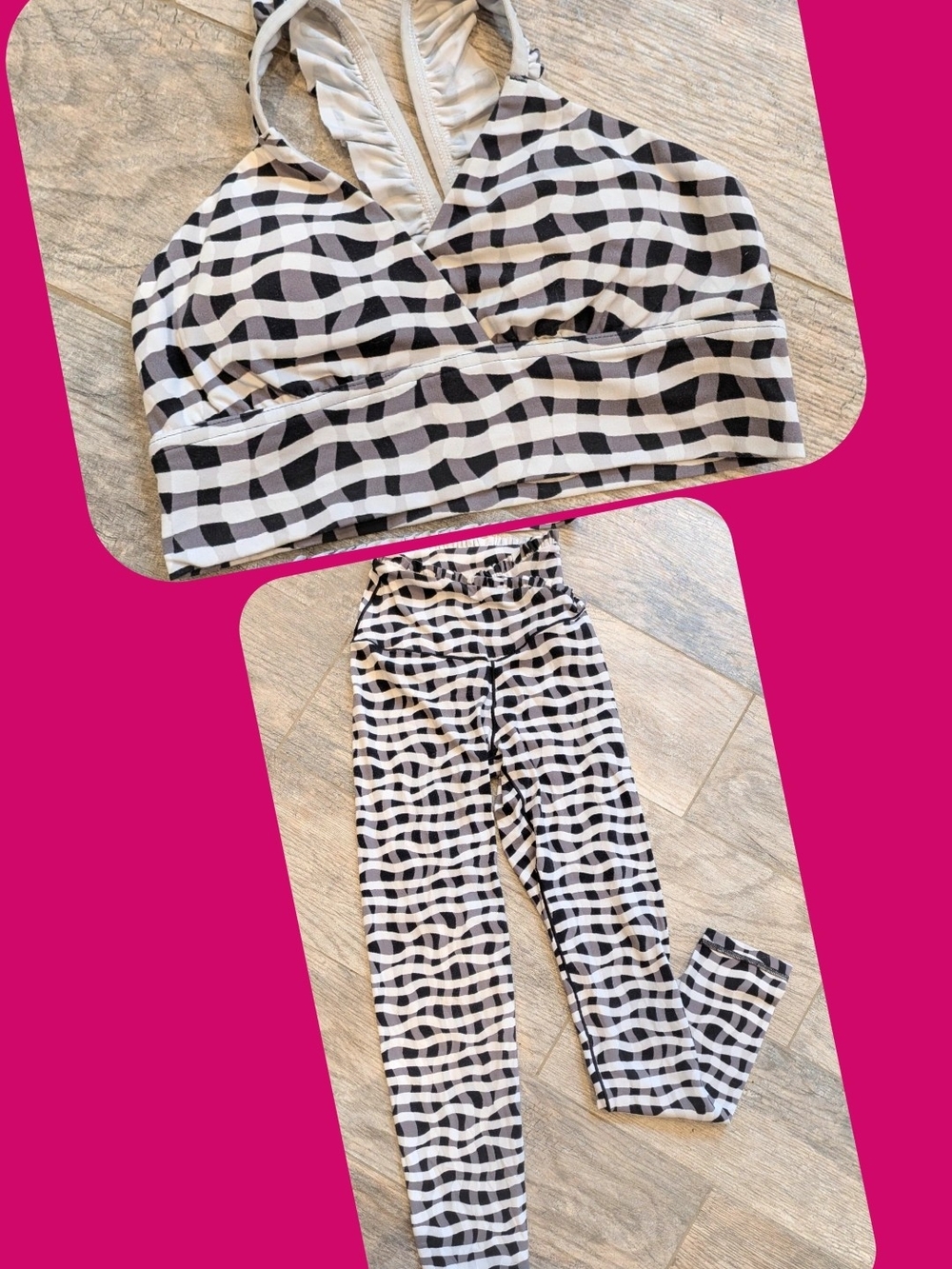 Offline By Aerie Ruffled Black & White Wavy Checkered Set XS/S